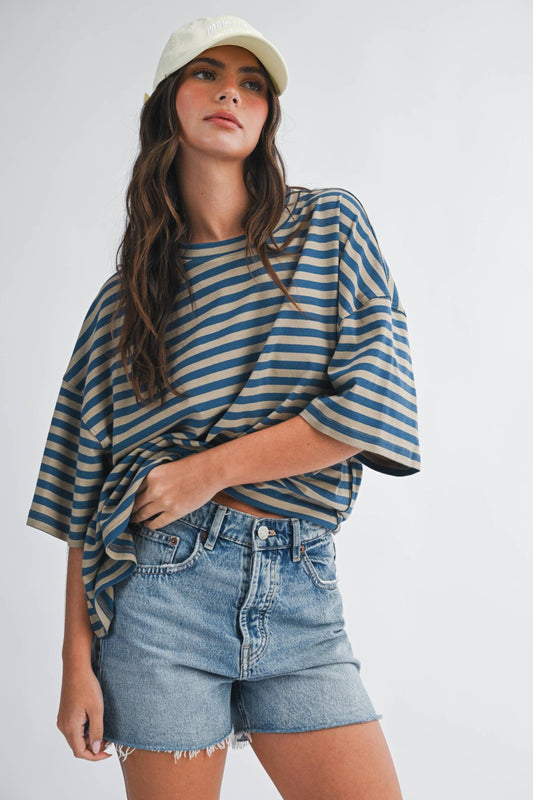 Oversized Tan Striped Boyfriend Tee|7568