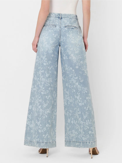 Super High Rise Floral Print Pleated Wide Leg Jeans|6052