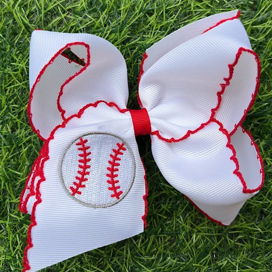 Embroidered Baseball On White Hair Bow|9102