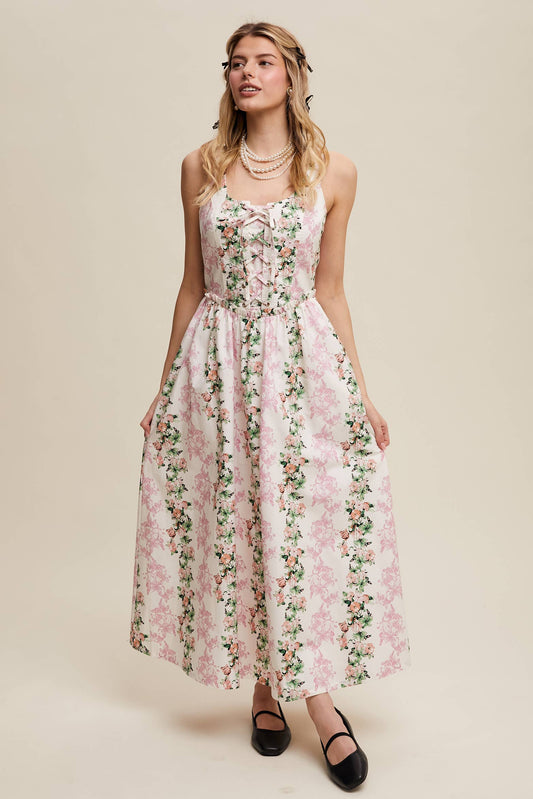 Floral Lace-Up Maxi Dress