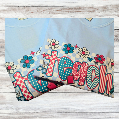 Floral Teacher Shirt - Blue|5229