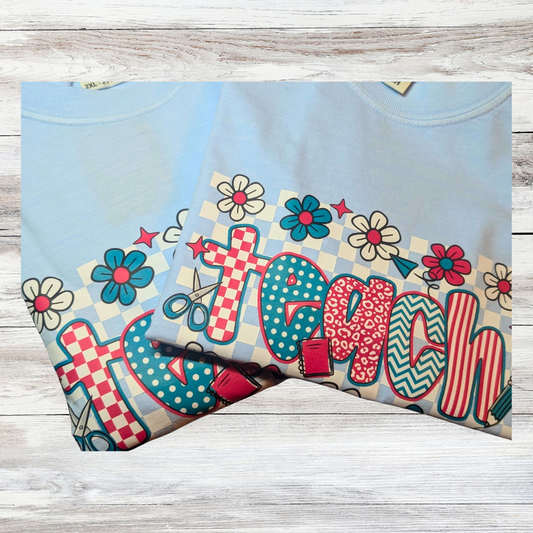 Floral Teacher Shirt - Blue|5229