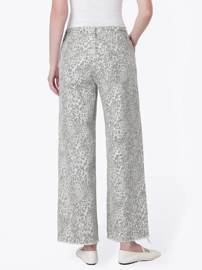 Leopard Print Drawstring Ankle Wide Jeans|9210
